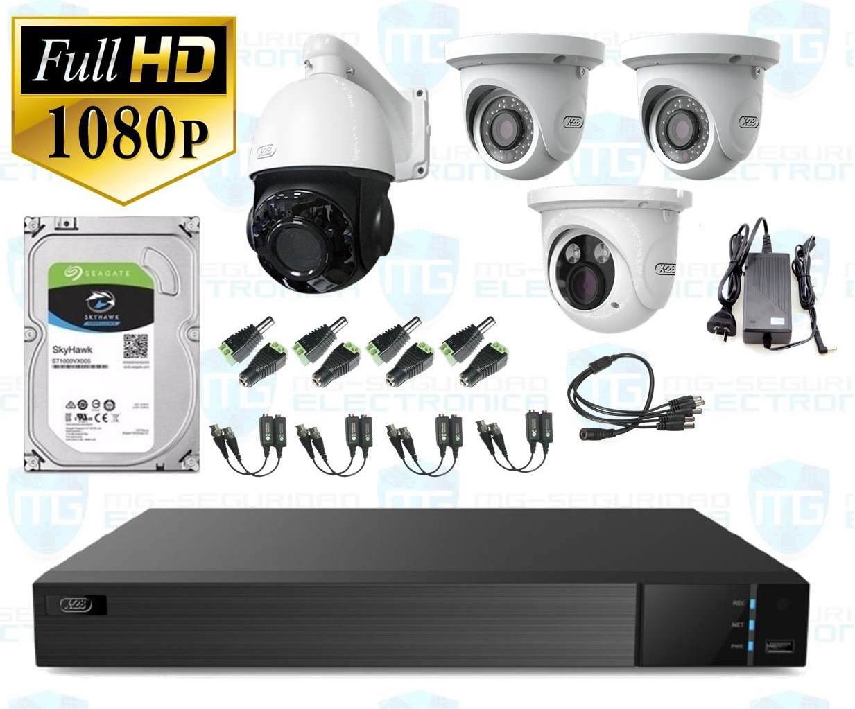 DVR, disco 1 TB, 2 cámaras minidomo SONY, 1 cámara minidomo varifocal SONY, 1 domo PTZ, balunes, fuente y conectores.